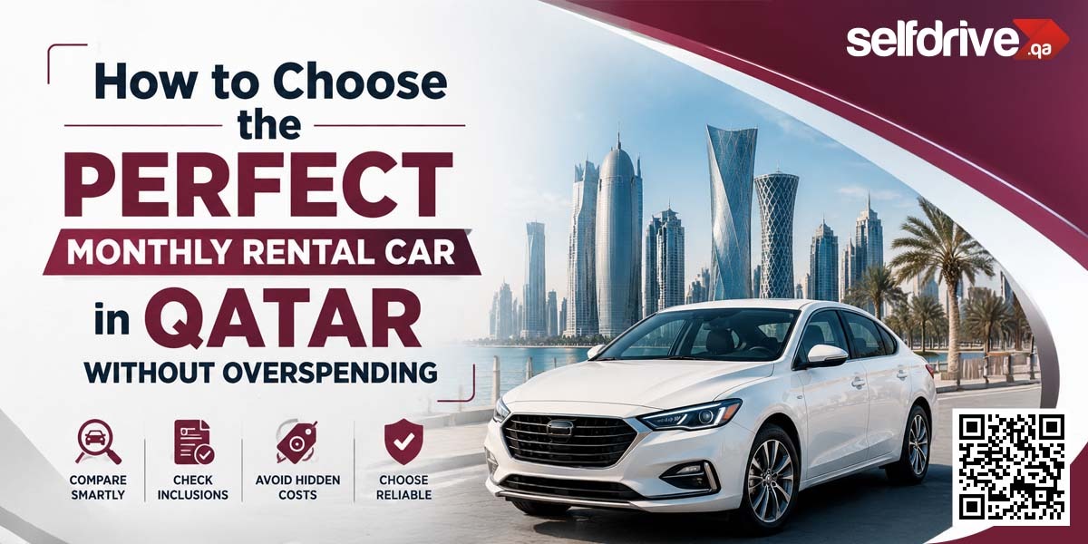 Alt text: "Advertisement featuring a white car in front of a modern Qatar cityscape with skyscrapers. Text reads 'How to Choose the Perfect Monthly Rental Car in Qatar Without Overspending.' Icon checklist with tips: Compare Smartly, Check Inclusions, Avoid Hidden Costs, Choose Reliable. Logo: Selfdrive.qa with QR code."